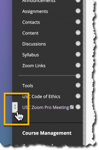 Screenshot showing drag-and-drop slider for course menu links