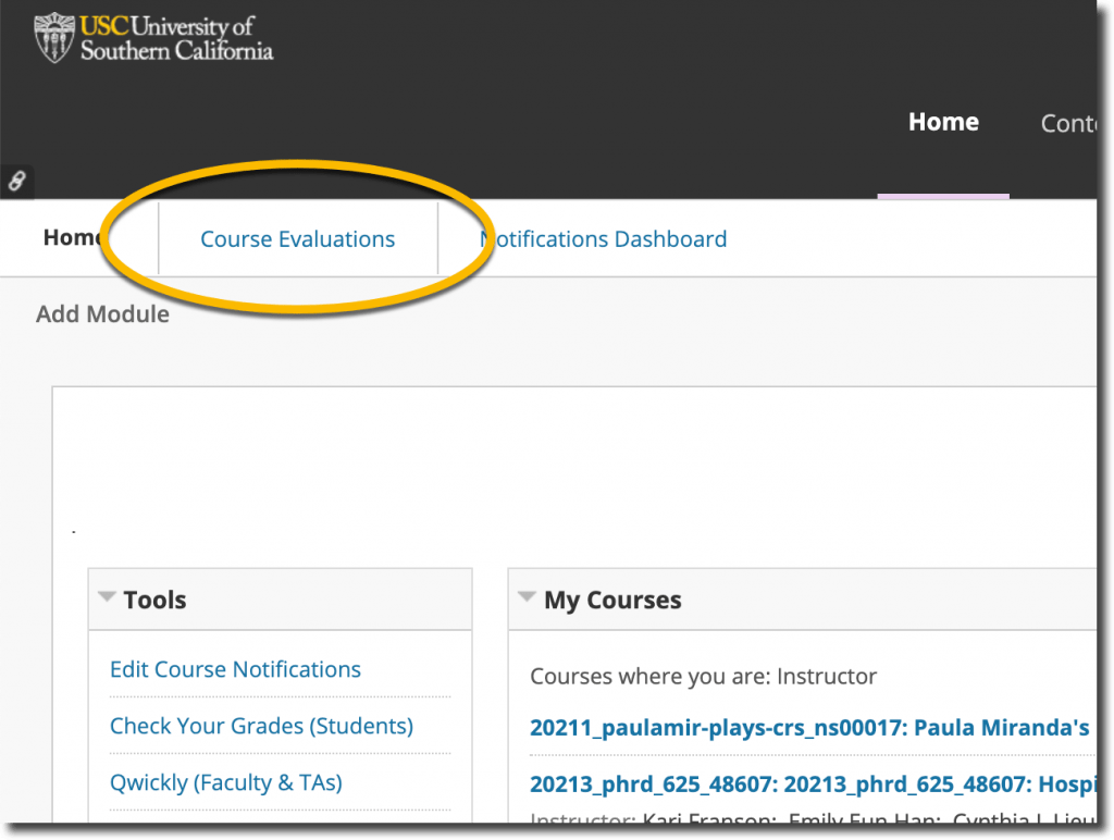 Screenshot of the USC Blackboard dashboard, with the Course Evaluations tab highlighted